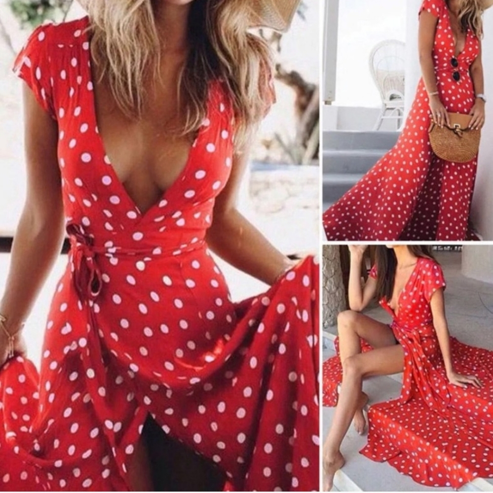 NWT Bohemian Polka Dot Maxi Split Dress S:S-Med
